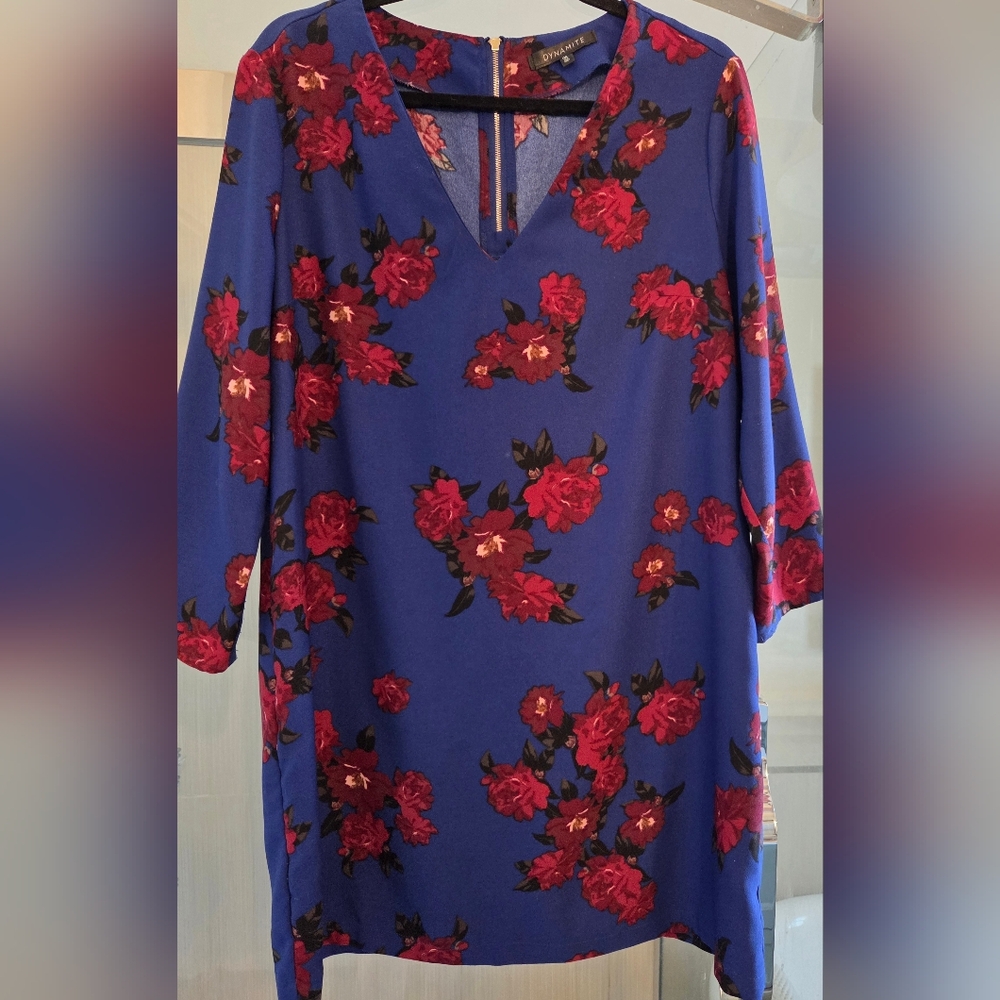 Dynamite Blue Dress with Red Floral Pattern